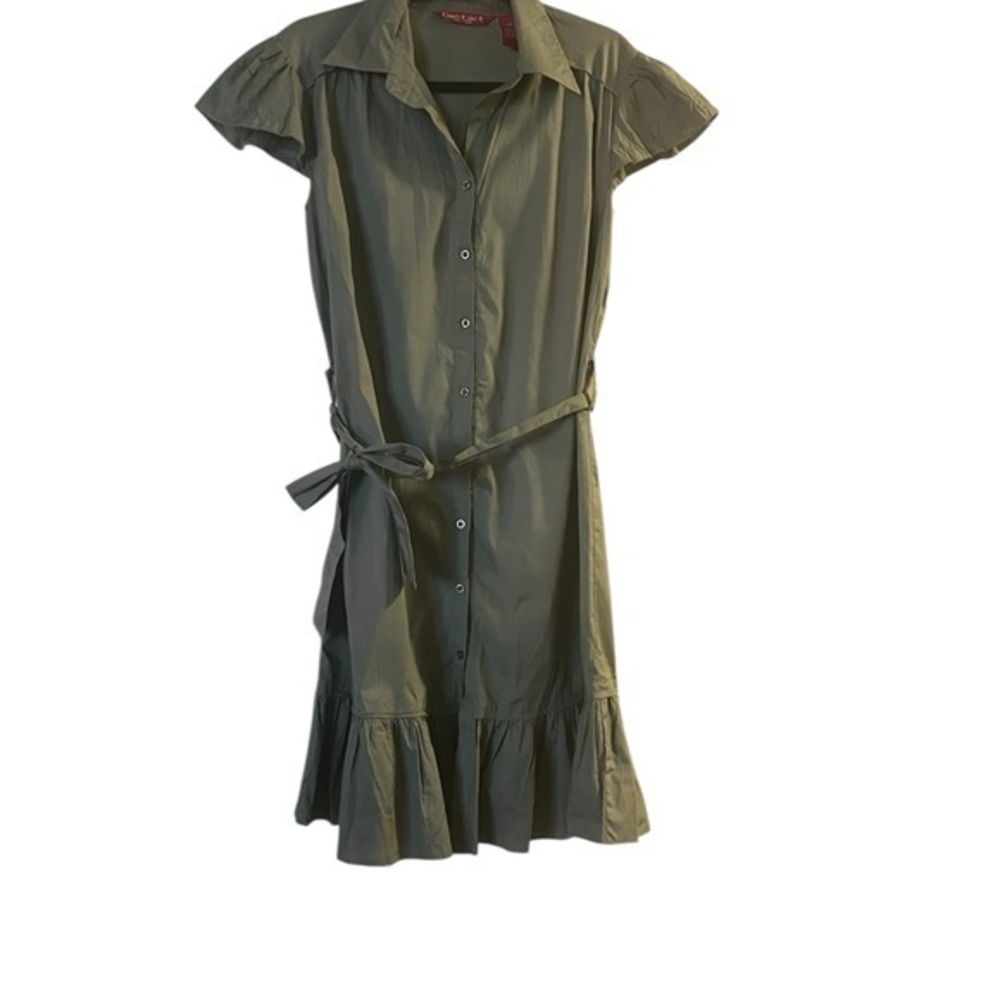 CONTACT NY ruffled hem flutter cap sleeve army olive green cotton shirtdress, L
